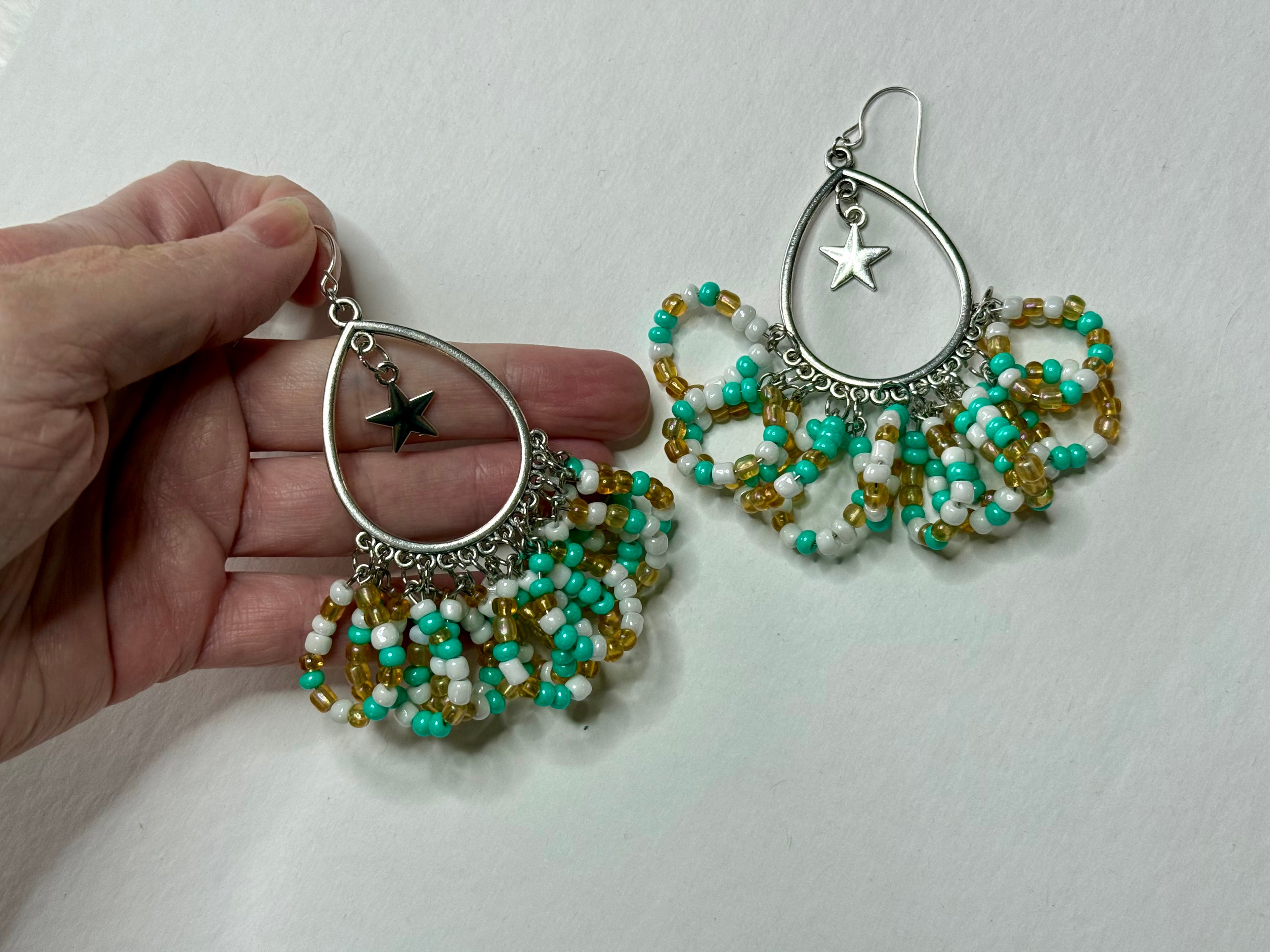 Gold, White, and Sea Foam Hoop Earrings