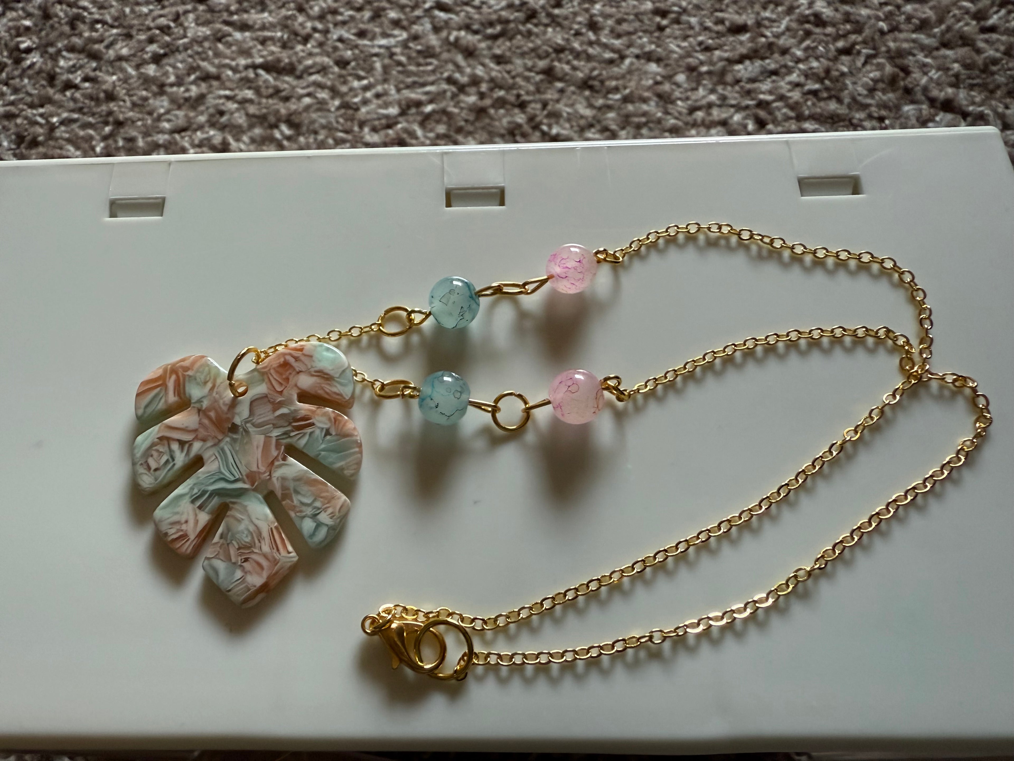 Pink and Blue Monstera Leaf Necklace