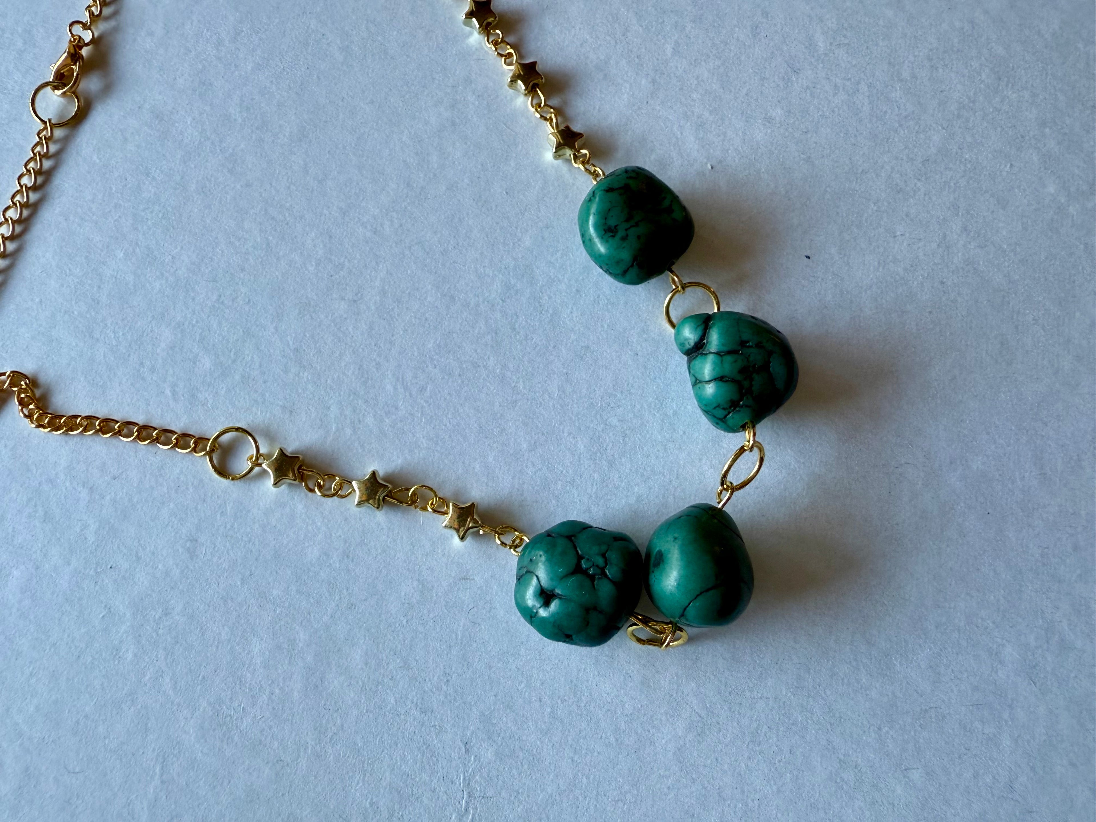 Green Stone and Gold Stars Necklace