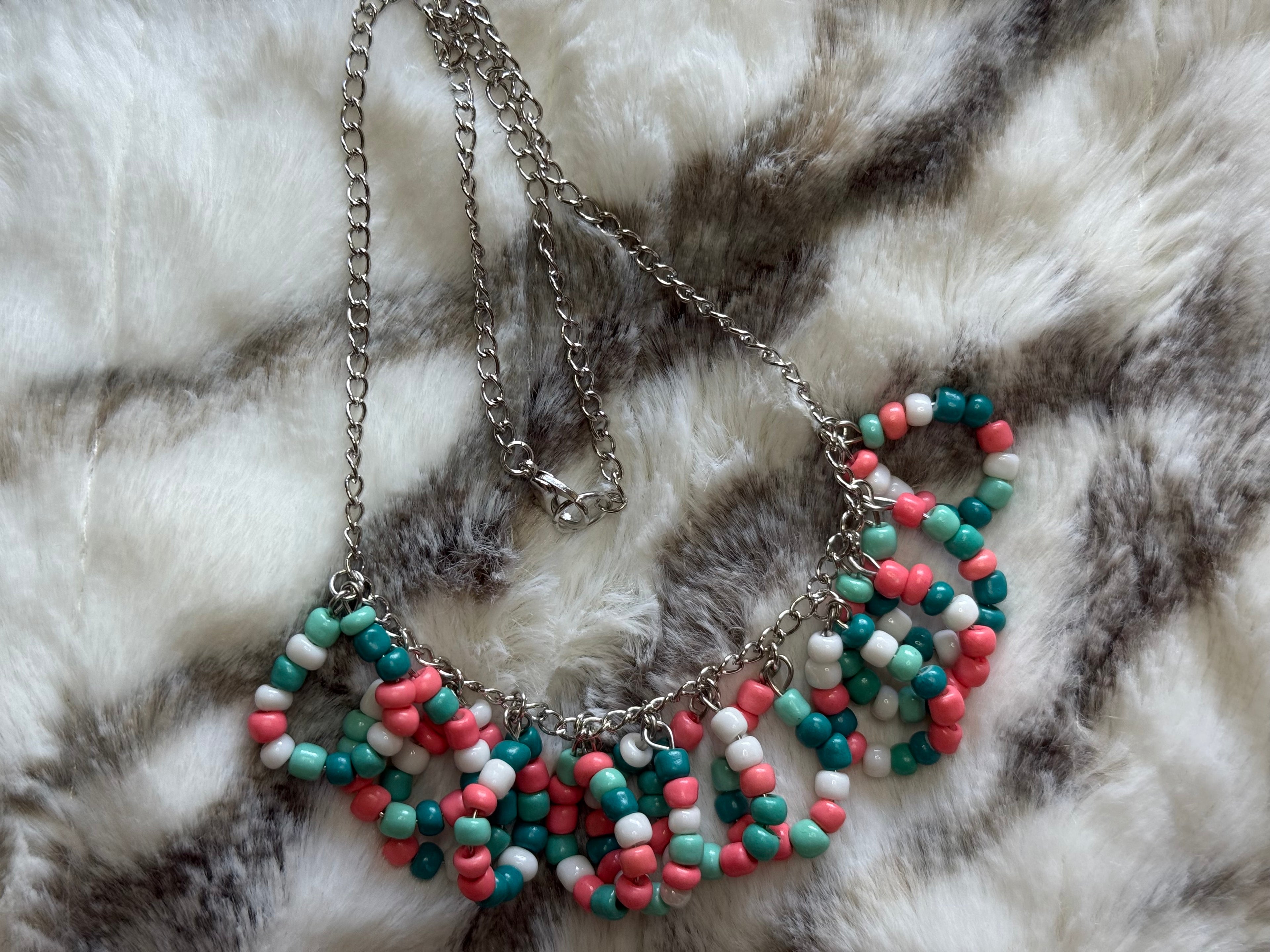 Beaded Hoop Necklace - Teal/Pink/White