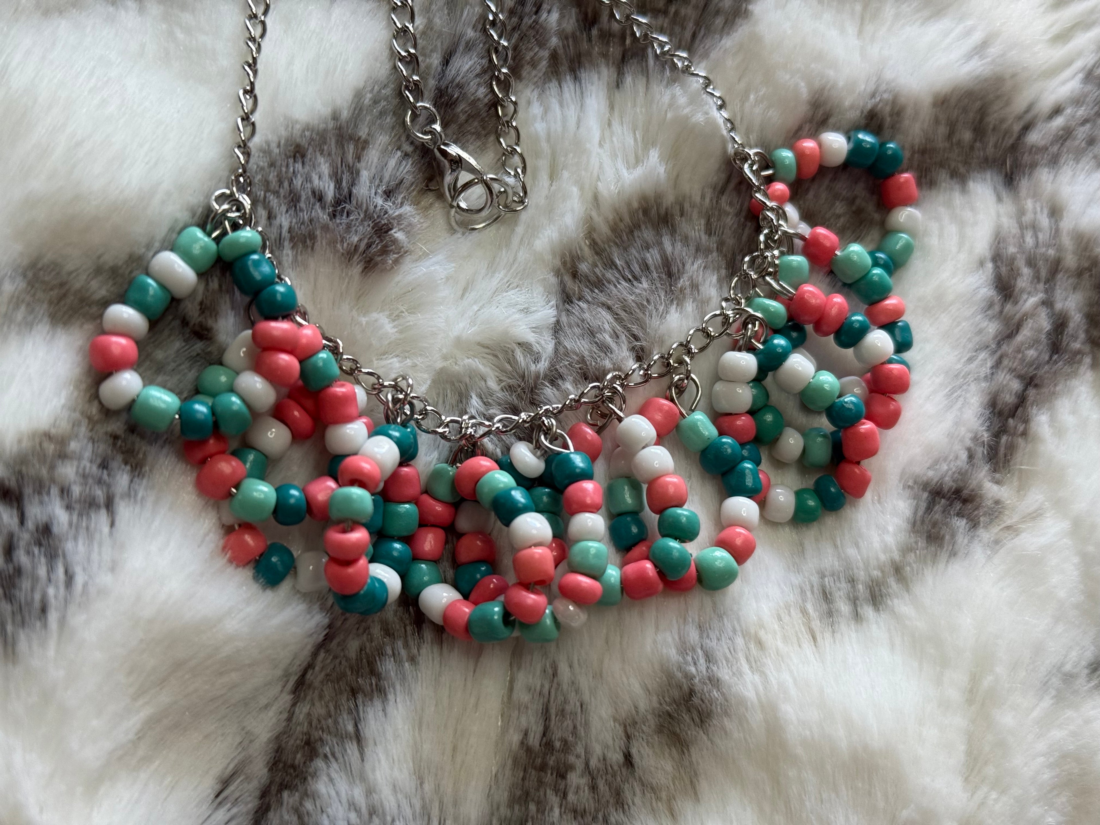 Beaded Hoop Necklace - Teal/Pink/White