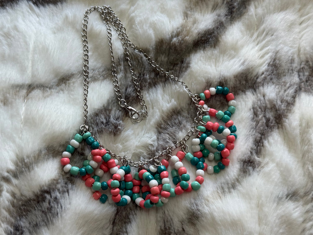 Beaded Hoop Necklace - Teal/Pink/White