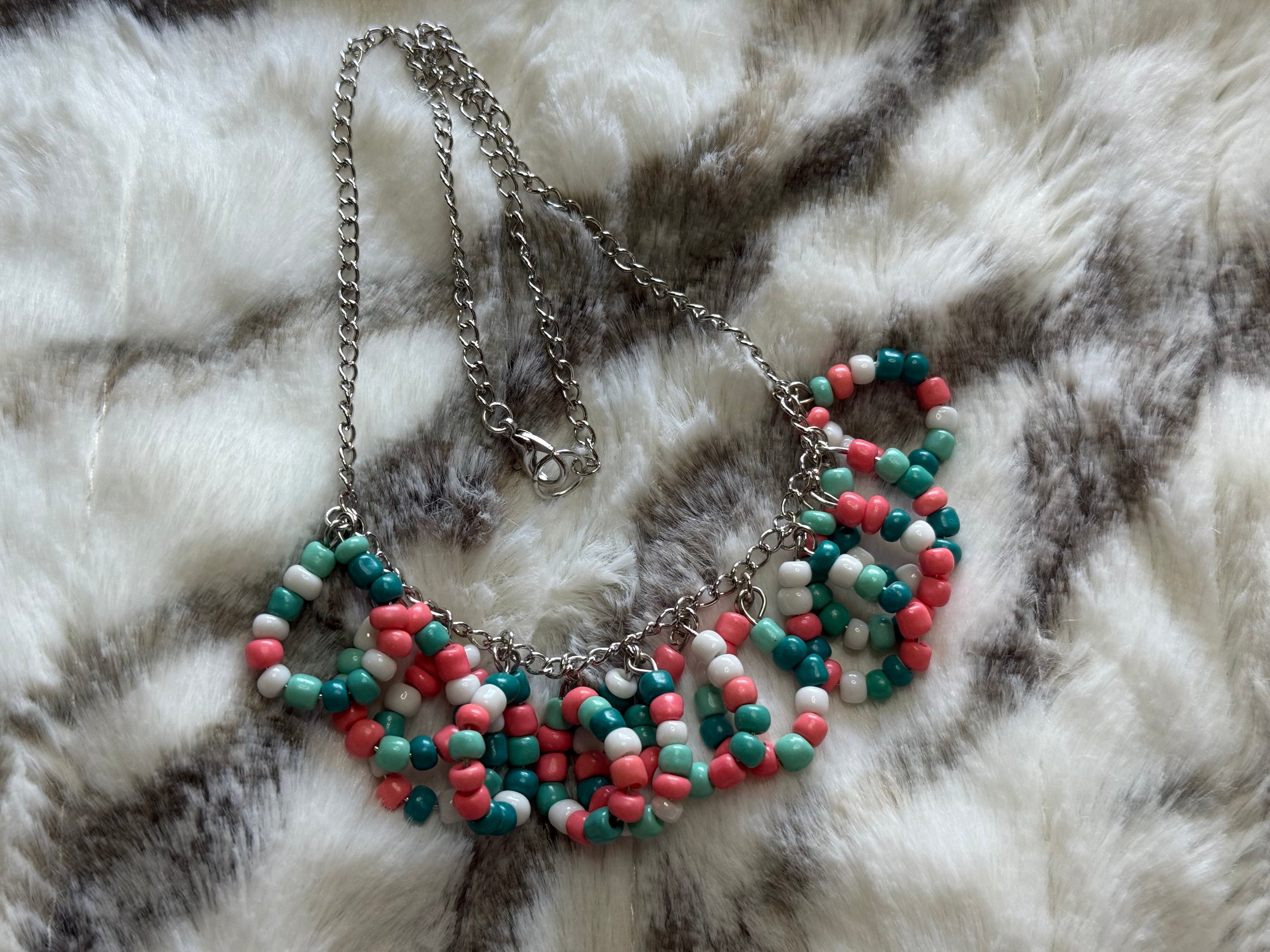 Beaded Hoop Necklace - Teal/Pink/White