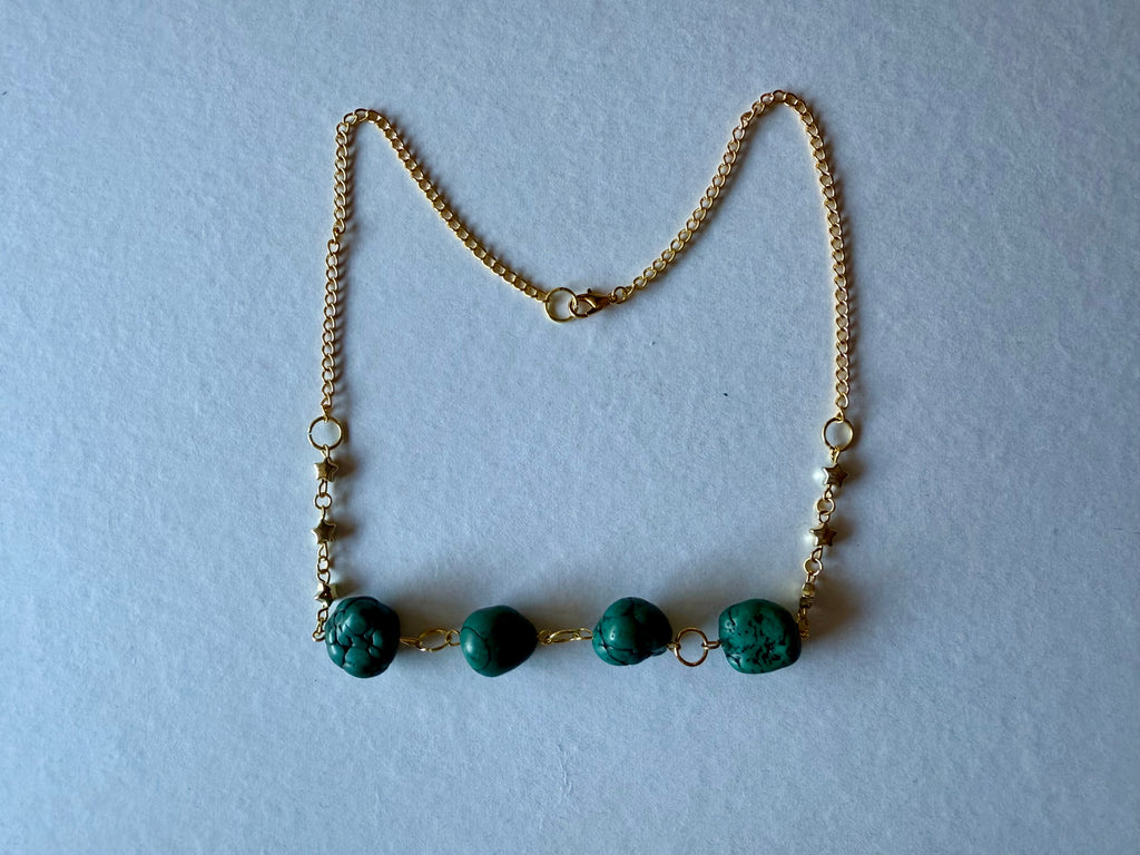 Green Stone and Gold Stars Necklace
